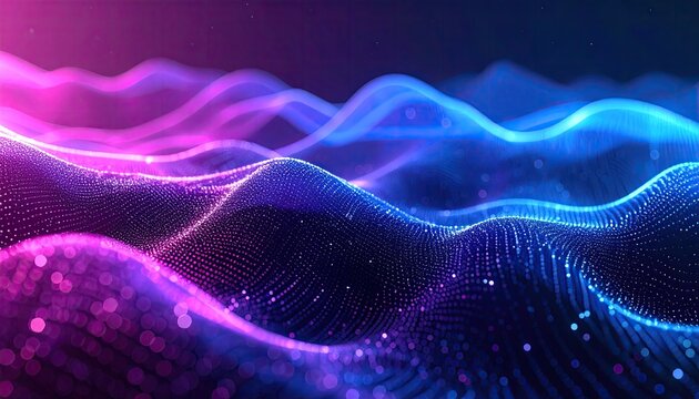 Abstract digital landscape of glowing, undulating particles in vibrant colors