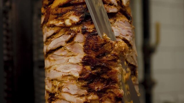 Close-up of a chef slicing meat off a rotating doner kebab, perfect for street food, restaurant, and culinary preparation visuals.