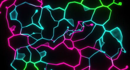 Abstract neon glowing interconnected lines forming a complex network of polygons on a dark background, vibrant digital art.