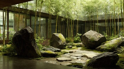 Tranquil interior garden with large rocks and bamboo.