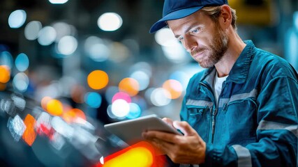 Industrial engineer in hard hat using tablet for maintenance and data analysis at modern factory - Powered by Adobe