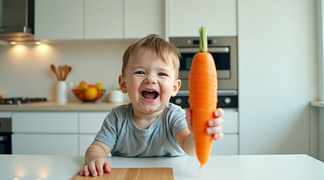 Cheerful young boy holding fresh carrot in bright kitchen. Healthy eating, nutrition, organic vegetables, and child lifestyle concept