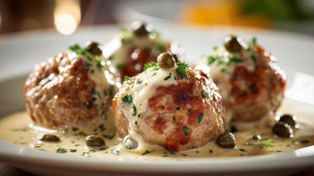 Savory meatball creamy sauce caper parsley garnish German cuisine comfort food rustic style shallow depth closeup dinner plate gourmet delight