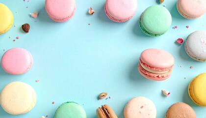 Colorful macarons on light blue background