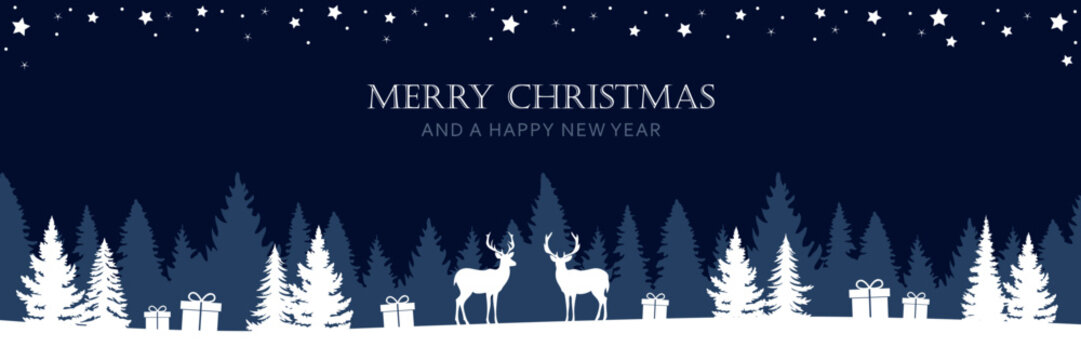 christmas winter border with deer in forest vector illustration