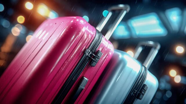 Colorful hard-shell suitcases in airport terminal, symbolizing travel, tourism, and mobility