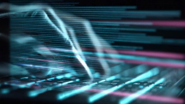 Digital Flow: A close-up view of hands rapidly typing on a keyboard, with digital streaks highlighting the fast-paced nature of modern technology.