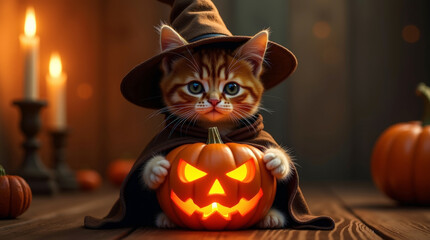 Close-up cat in hat and cloak holding glowing pumpkin in its paws on dark magical background, for themes of Halloween, fantasy, mystery, pets in costumes, and seasonal celebrations