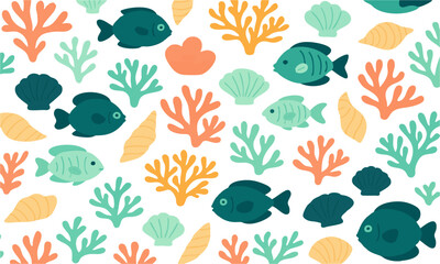 Underwater Coral and Fish Seamless Pattern Teal Mint Coral Vector illustration, Colorful seashells and coral design perfect for beach-themed, easily editable.