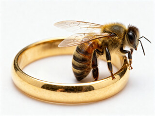 A honeybee perched on a gold ring against a white background in a studio setting close up shot