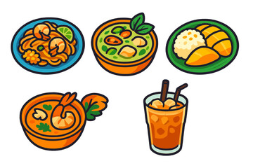 Assortment of popular Thai cuisine dishes including pad thai, green curry, tom yum soup, mango sticky rice, and iced tea
