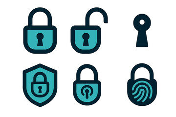 Digital security and privacy icons set featuring various lock, keyhole, shield, and biometric symbols for data protection