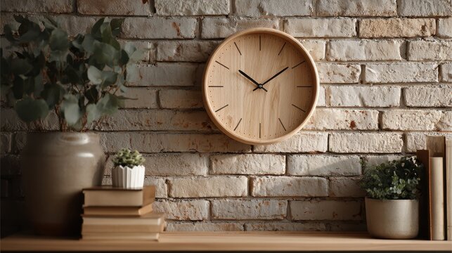 Rustic wooden clock hangs on a textured brick wall above a shelf with plants and books