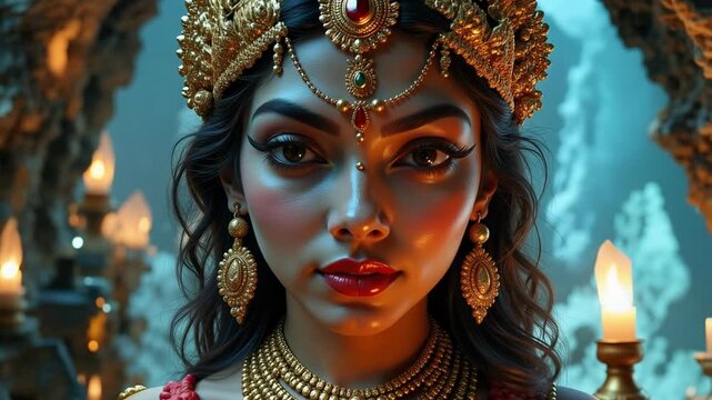 Enchanting Goddess Durga face in a crystal cave, a captivating 4K video showcasing divine beauty and ethereal wonder, perfect for spiritual content