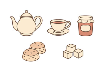 English afternoon tea items with ceramic teapot, cup, saucer, fruit jam, warm scones, and sugar cubes