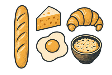 Variety of breakfast food items including fresh baguette, cheese, croissant, fried egg, and a bowl of oatmeal