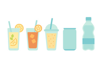 Assortment of refreshing summer drinks and beverages including lemonade, iced tea, smoothie, soda, and water bottle