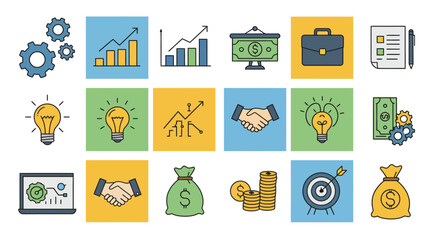 A crisp and modern flat design vector icon pack illustrating essential business operations, strategic planning, and financial growth concepts. Perfect for corporate presentation.