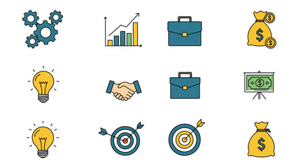 A crisp and modern flat design vector icon pack illustrating essential business operations, strategic planning, and financial growth concepts. Perfect for corporate presentation.