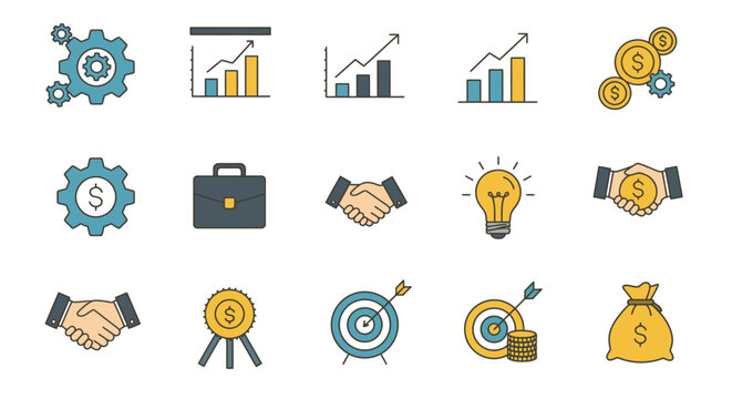 A crisp and modern flat design vector icon pack illustrating essential business operations, strategic planning, and financial growth concepts. Perfect for corporate presentation.