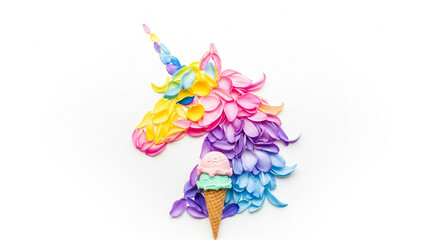 Obraz premium Creative arrangement. Unicorn head with colorful flower petals and ice cream cone on bright white background. Minimal art fantasy concept. Summer fairytale