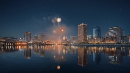 City skyline at night with fireworks reflected in a body of water, under a starry sky - Powered by Adobe
