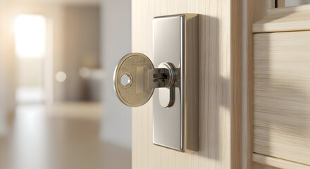 A key in the lock of an open door beckons with promise, new beginnings and opportunities available