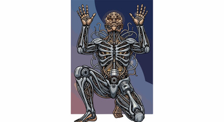 Obraz premium Cybernetic organism design with futuristic skeletal structure and robotic components. Cybernetic organism presents complex mechanical body with integrated wiring and artificial intelligence.