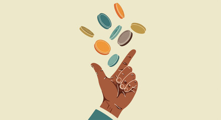 Conceptual illustration of coin toss, depicting financial risk and chance. Coin toss shows an upwardly aimed hand releasing coins.