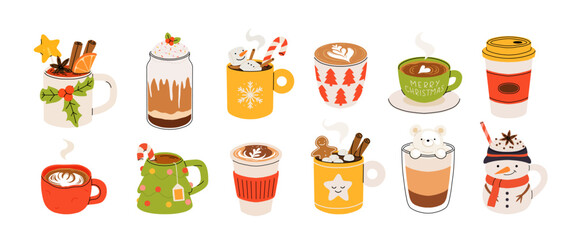Christmas and Happy New Year set of drinks. Mugs and cups of hot coffee, punch, cacao with whipped cream, marshmallow and candy cane. Greeting card for Xmas, New year or winter holidays design.