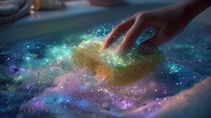 Hand Scrubbing Bathtub with Sponge and Sparkles