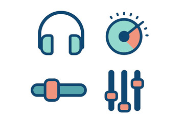 Digital audio interface icons including headphones, a sound level dial, and multiple mixer faders for music production