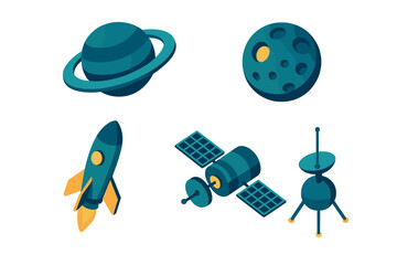 Isometric space exploration elements featuring planet, moon, rocket, satellite, and radar dish for cosmic adventure