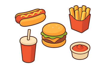 Classic American fast food meal featuring a hot dog, hamburger, french fries, soda, and ketchup, representing a typical quick lunch