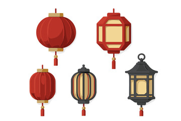Assortment of traditional Chinese lanterns in various shapes and colors for festive decorations and cultural celebrations
