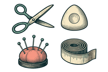Engraved style sewing and tailoring tools including sharp scissors, tailor's chalk, a pin cushion, and a flexible measuring tape