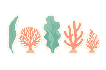 Vibrant collection of stylized underwater coral and seaweed plants with clean graphic shapes and soft shadows on white