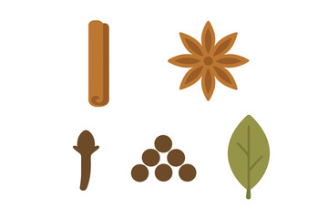 Collection of aromatic cooking spices and dried herbs including cinnamon, star anise, cloves, peppercorns, and bay leaf