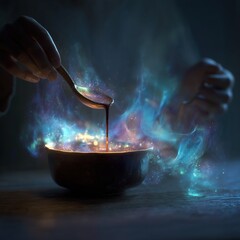 Cooking Scene with Soy Sauce Pouring in Magical Light