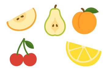 Colorful assortment of fresh ripe fruits and healthy fruit slices including apple, pear, peach, cherry, and lemon