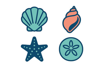 Bright and colorful collection of ocean life symbols featuring various sea shells, starfish, and sand dollar elements for summer designs