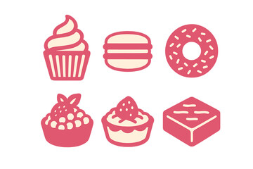 Collection of delicious desserts including cupcakes, macarons, donuts, and tarts with a simple design