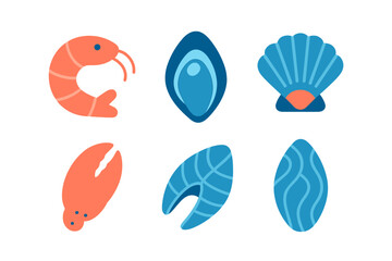 Stylized flat design set of fresh seafood items including shrimp, mussel, scallop, crab claw, and fish