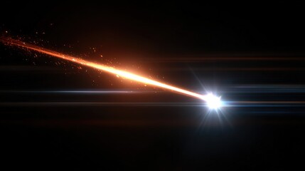 Orange meteorite flying left-to-right (upper screen) on black background with white light&mdash;focus on burning meteoroid tail, sharp highlight-shadow contrast; high-speed shutter motion blur