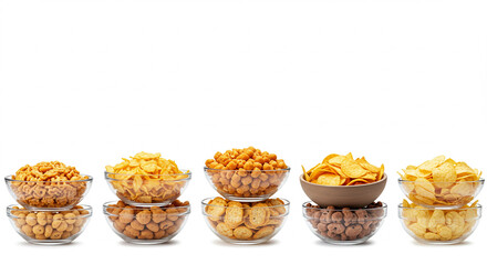 Assorted snack bowls filled with crispy chips and nuts