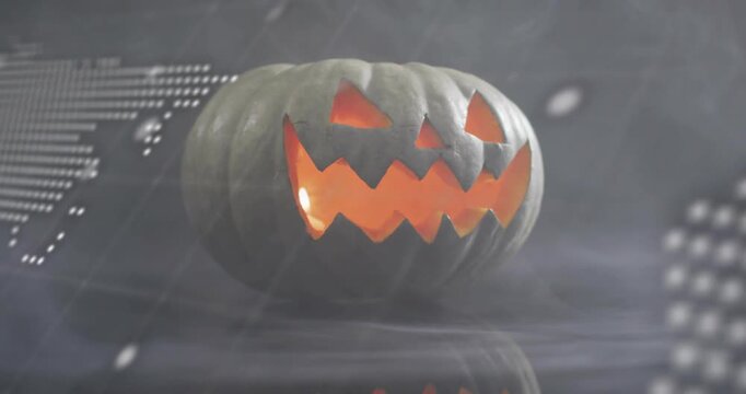 Dot map drifting causing pumpkin rotating, code scrolling, globe orbiting dissolving amid haze