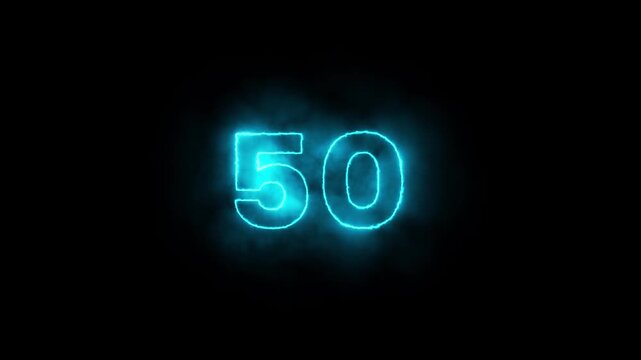 Neon glowing 50 percent sign on black background. Abstract 50% percent text neon animation.
