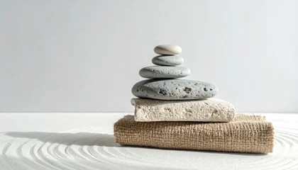 Stickers Stenen in het zand Stacked stones on textured fabric, sand zen garden  © babang