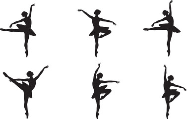 Ballet dancer silhouette set, graceful poses, elegant movement, black vector art, dance posture, flexibility, classical performance, artistic illustration, female dancer shapes