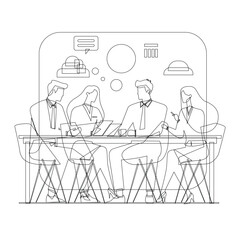 Line Art Illustration of Teamwork and Office Meeting